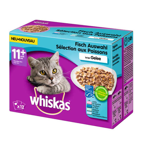 Whiskas Senior -tuorepussit säästöpakkauksessa 144 x 100 g - Senior 11+ kalalajitelma hyytelössä