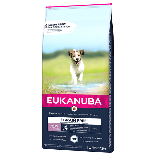 Eukanuba Grain Free Puppy Small / Medium Breed lohi - säästöpakkaus: 2 x 12 kg