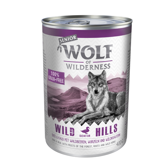Säästöpakkaus Wolf of Wilderness Senior 24 x 400 g - DUPLICATE Wild Hills - ankka & vasikka