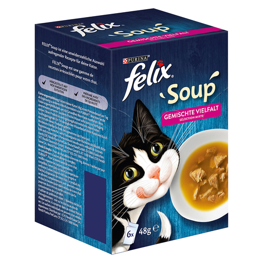 6 + 6 kaupan päälle! 12 x 48 g Latz Soup -kissanruokaa - liha- ja kalalajitelma