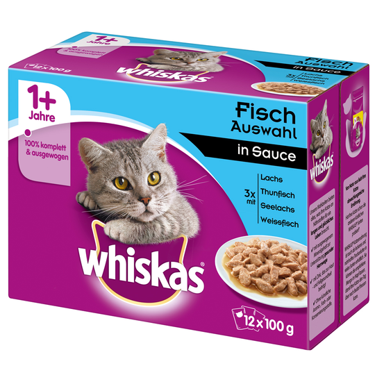 Säästöpakkaus: Whiskas 1+ Adult Pouches 48 x 85 g / 100 g - 48 x 100 g kalavalikoima kastikkeessa