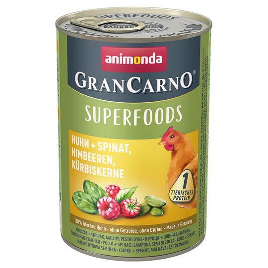 Animonda GranCarno Adult Superfoods 6 x 400 g - kana + pinaatti, vadelma, kurpitsansiemenet