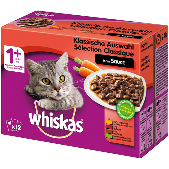 Säästöpakkaus: Whiskas 1+ Adult Pouches 48 x 85 g / 100 g - 48 x 100 g perinteinen kastikevalikoima